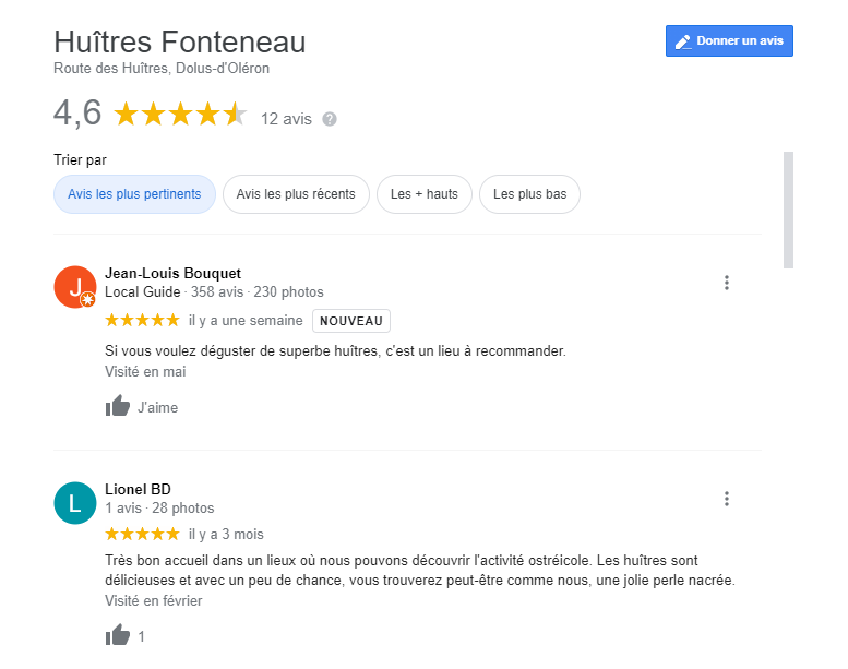 avis Google huîtres Fonteneau